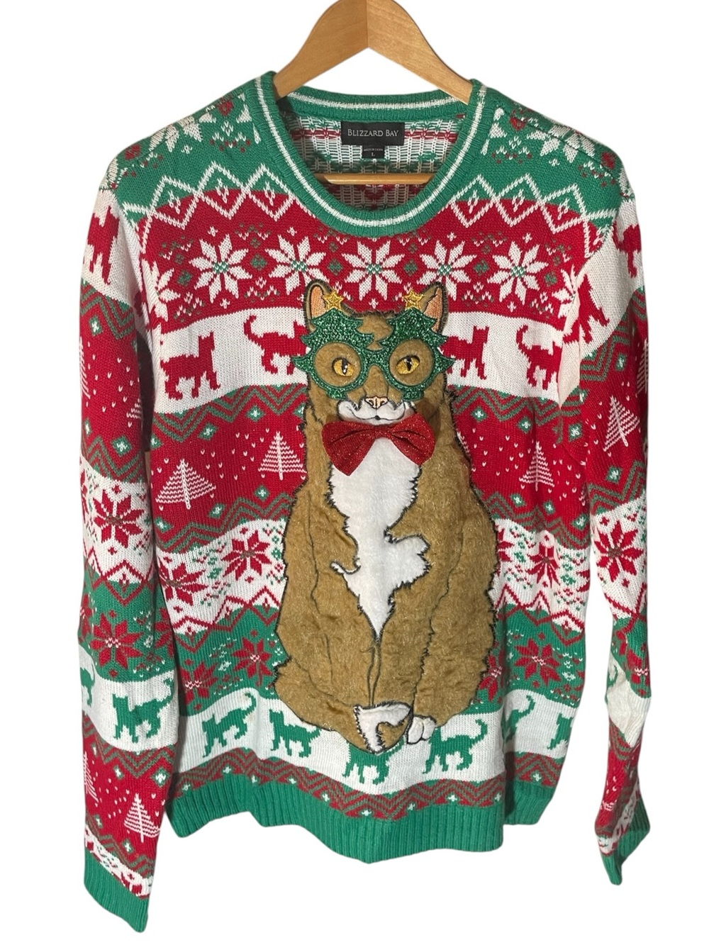 C15- Bluzzard Bay Holiday Christmas Festive Red & Green Cat Fair Isle Sweater
